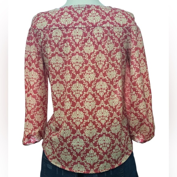 Ann Taylor LOFT Pink Ivory Damask Floral Long Sleeve Button Front Blouse - Picture 6 of 8